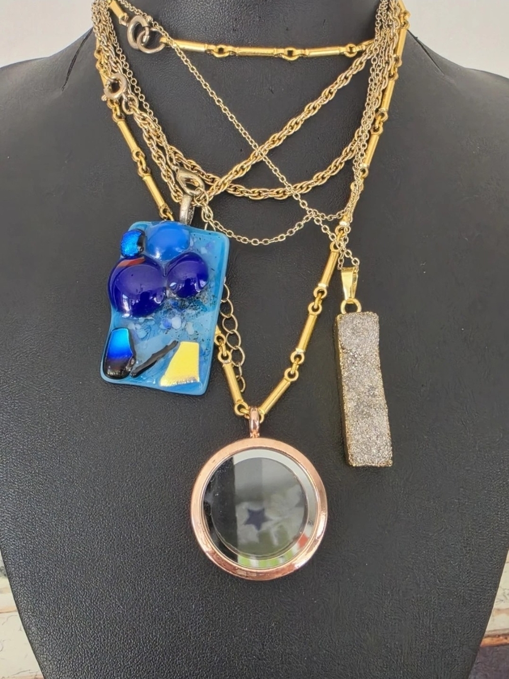Lot of 3 Pendant Necklaces Art Glass Druzy Stone Floating Locket